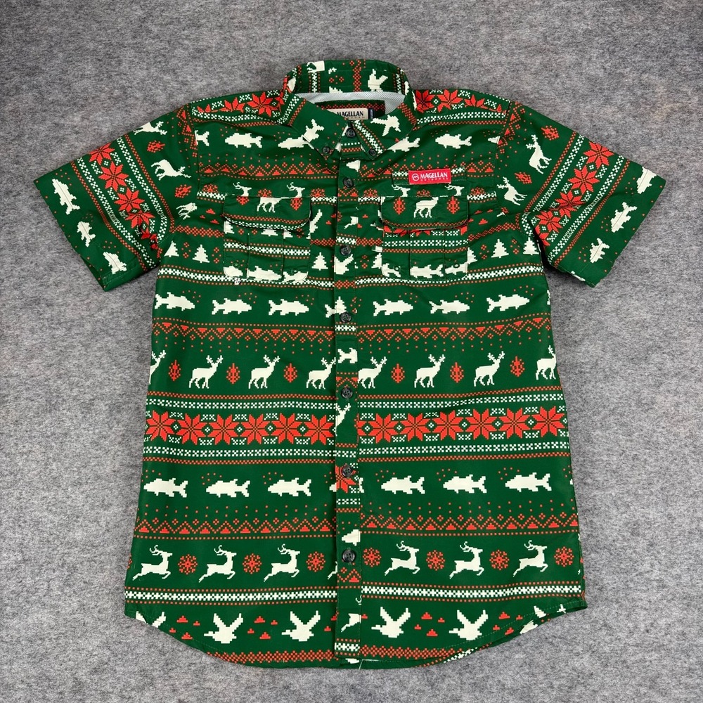 Magellan Button Down Christmas Shirt Laguna Madre Green Boys Large L 14-16